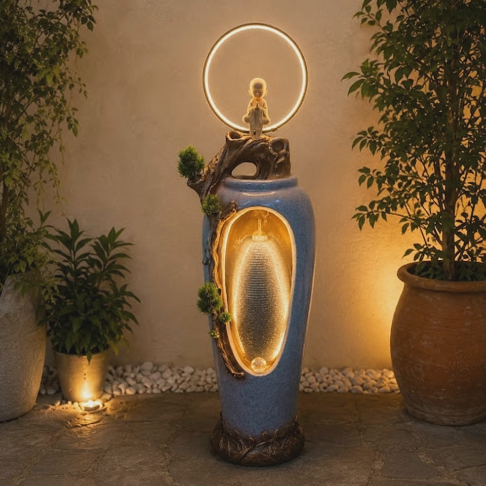 Buddha Monk Water Fountain with LED Ring | Outdoor Garden Decor