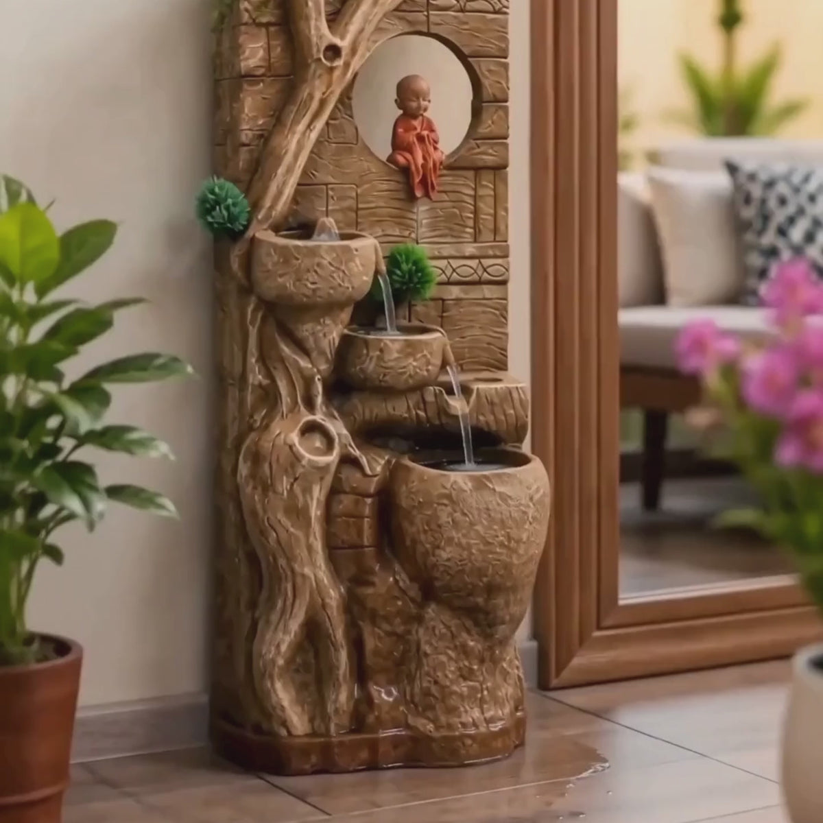 Monk Wall Water Fountain with LED - Cascading Buddha Monk Fountain