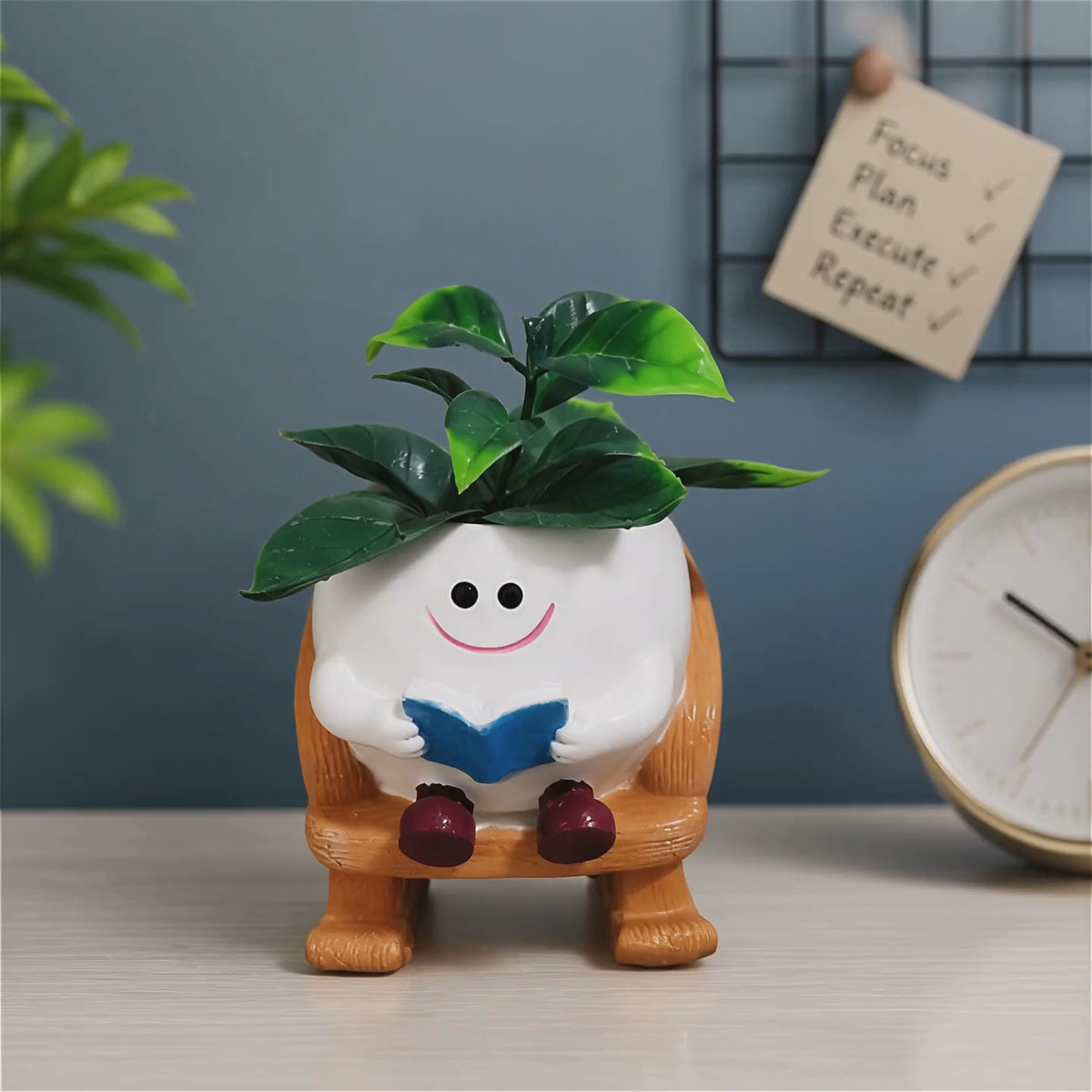 Smiling Face Rocking Chair Planter with Book | Cute Desk & Home Decor Pot