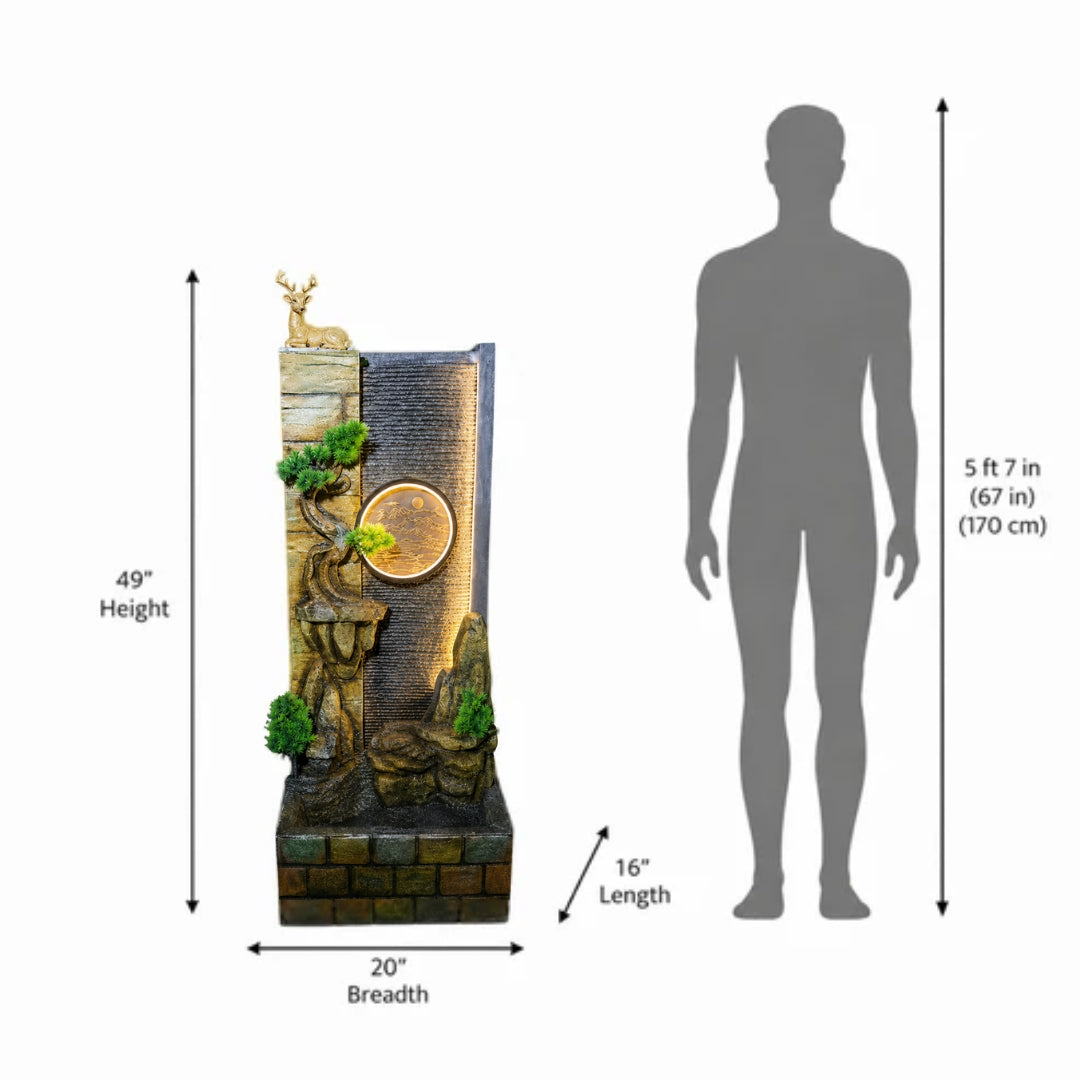 Golden Deer Waterfall Fountain with LED Moon Disc | Home Decor