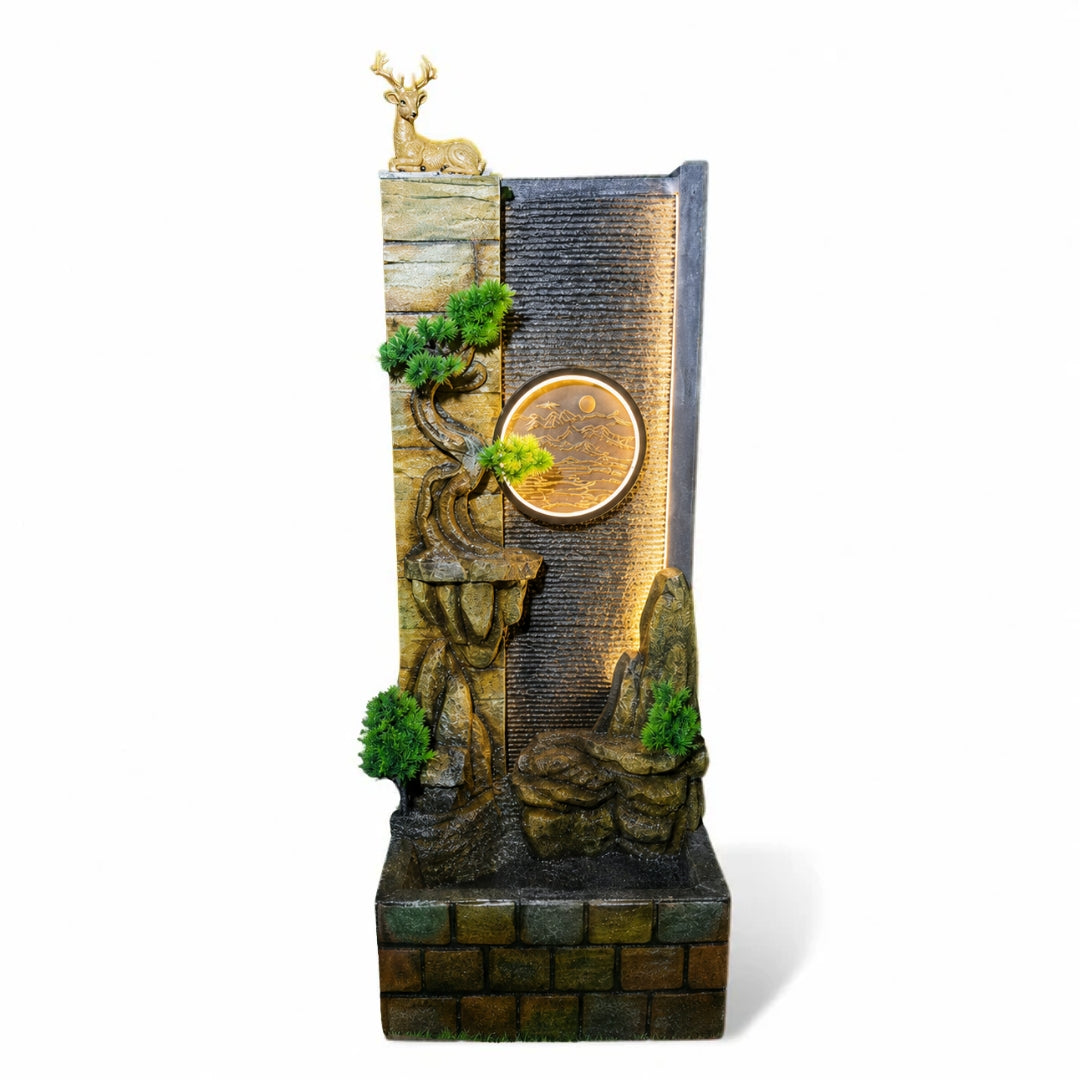Golden Deer Waterfall Fountain with LED Moon Disc | Home Decor