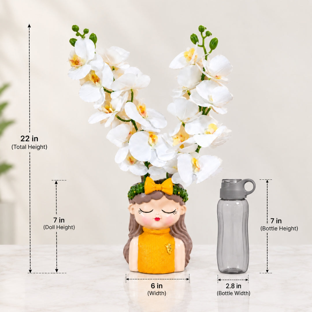 White Orchid Flowers with (Big) Girl Face Planter - 2 Stems Flower for Home Decor