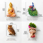 A product infographic showing four decorative figurines with dimensions: a gold Buddha statue, a peacock figurine, an owl figurine, and a girl planter. Each item includes height, width, and length measurements with labels on a white background.