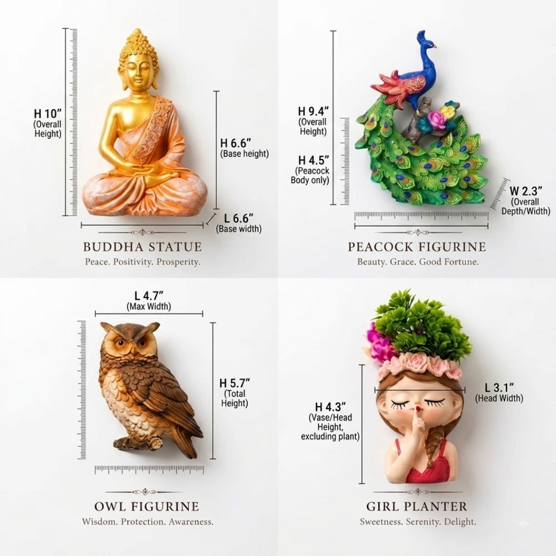 A product infographic showing four decorative figurines with dimensions: a gold Buddha statue, a peacock figurine, an owl figurine, and a girl planter. Each item includes height, width, and length measurements with labels on a white background.