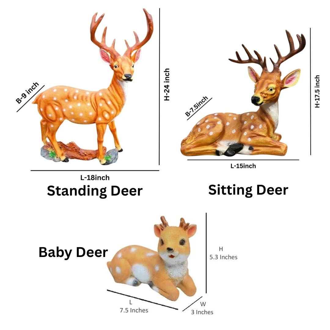 Deer Family Garden Statue Set - Standing, Sitting & Baby Deer Resin Figurines (Set of 3)
