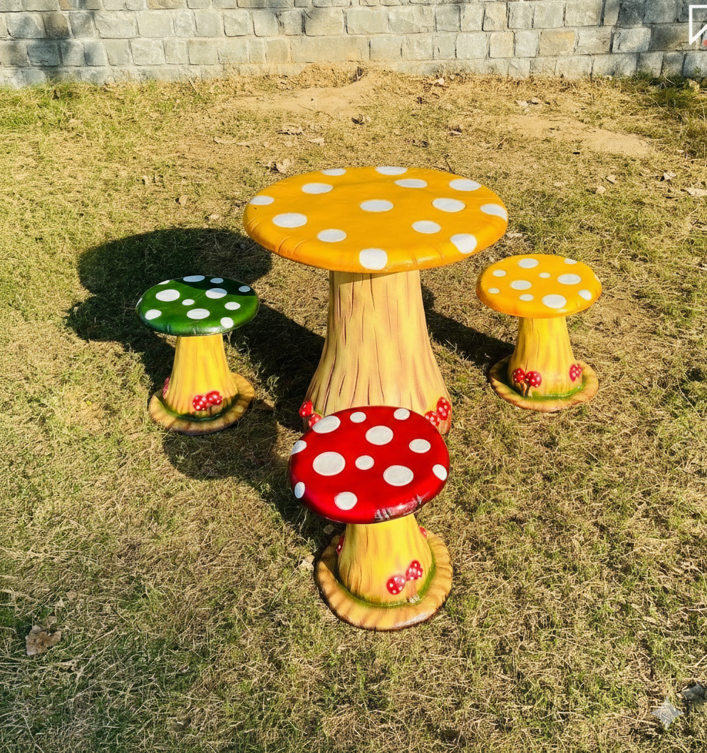 Mushroom Center Table with Three Sitting Stools